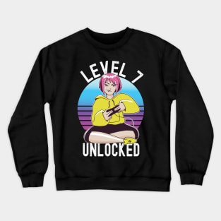 Level 7 Unlocked Girls Loves Anime Gamer 7th Birthday Girl Crewneck Sweatshirt